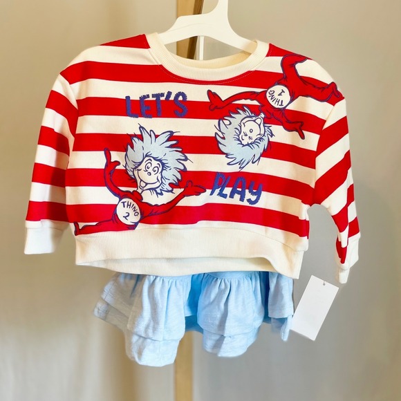 Dr. Seuss Other - Dr Seuss Thing 1 & 2 Kids Striped Sweatshirt and Ruffle Skirt Set Red Blue 18M